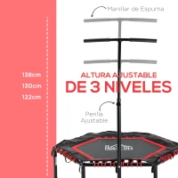 HOMCOM Trampolín de Fitness Ø122 cm Cama Elástica con Mango Ajustable de 3 Niveles 122-138 cm Funda Protectora y Marco de Acero para Interiores y Exteriores Negro y Rojo(m-4)