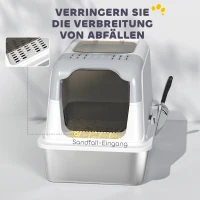 PawHut Kattenbak, kattenbox met deksel, kattenbakschep, vooringang en bovenuitgang roestvrijstaal tot 15 kg(m-6)