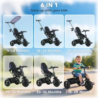 HOMCOM 6 in 1 Tricycle for Kids with 5-point harness straps, Removable Canopy, Dark Blue(m-4)