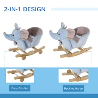 HOMCOM 2 In 1 Plush Baby Ride on Rocking Horse Elephant Rocker with Wheels Wooden Toy for Kids 32 Songs for 18+ Months (Blue)(m-5)