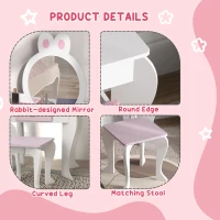 ZONEKIZ Bunny-Design Kids Dressing Table, with Mirror and Stool - White and Pink(m-6)