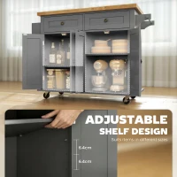 HOMCOM Rolling Kitchen Island Storage Trolley with Rubber Wood Top & Drawers for Dining Room, Grey(m-5)