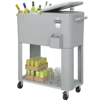Outsunny Frigider de Grădină de 76L, Cărucior Portabil cu Raft, Deschizător de Sticle, Roți Blocabile, Recipient pentru Capace, Portabil pentru Băuturi, Bar, Grădină, Petreceri, Argintiu(m-12)