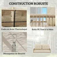 Outsunny Banc Suspendu Extérieure 2 Places en Résine Tressée avec Coussins et Chaînes en Acier, 115x66x44cm, Beige(m-6)