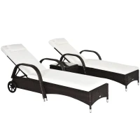 Outsunny Rattan Sun Loungers Set of 2 with Side Table, 3-Piece Garden Furniture Set, Adjustable Recliner Sunlounger Sunbed with Cushions & Headrest, Wheels, Outdoor Patio Daybed, Brown(m-1)