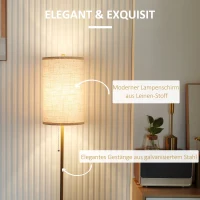 HOMCOM Staande Lamp, Elegante Staande Lamp van Staal met Stoffen Kap, Woonkamerlamp, Trekschakelaar, Goud+Wit(m-4)