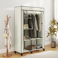 HOMCOM Armoire penderie en tissu meuble de rangement 6 roulettes tringle à vêtements et étagères ouvertes 103x43x162,5cm crème(m-7)