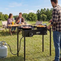 Outsunny Double Burner Camping Stove, 150,000 BTU High Pressure Camping Gas Stove with Detachable Legs, Black(m-8)