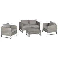 Outsunny 4 Pieces PE Rattan Garden Furniture with Cushion, Outdoor Wicker Conservatory Sofa Set w/ Armchairs, Loveseat, Glass Top Coffee Table, Grey(m-1)
