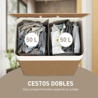 HOMCOM Cesto de Ropa Sucia de Bambú con 2 Compartimentos Asas para Facilitar el Uso y Bolsas Desmontables Lavables 52x32x63 cm(m-4)