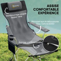 Outsunny Lot de 2 chaises de camping pliante inclinable avec repose-pieds, sac de rangement, porte-gobelet et appui-tête, gris(m-4)