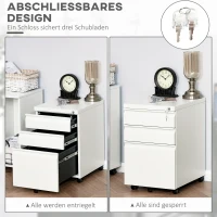 HOMCOM Rolcontainer met 3 lades – Mobiele archiefkast met wielen, afsluitbaar Bureau- en thuiskantoor kast met concave grepen, 39 x 48 x 60 cm,Wit(m-6)