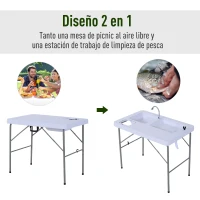 Outsunny Mesa Plegable Multifuncional 2 en 1 Mesa+Estación de Limpieza Mesa de Picnic con Grifo y 2 Fregaderos para Pesca Jardín Camping Barbacoa Exteriores 101x66x81cm(m-7)