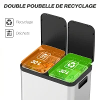 HOMCOM Poubelle de cuisine à double compartiment 2 x 30L avec pédale en acier inoxydable, couvercle à fermeture douce, argent(m-4)
