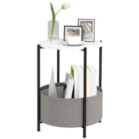 HOMCOM Ronde Bijzettafel met Stoffen Mand, 2-Laags Koffietafel voor Woonkamer, Slaapkamer, Kleine Ruimtes, Metaal, Grijs+Wit(m-10)