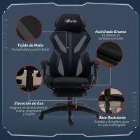 Vinsetto Silla Gaming con Reposapiés Retráctil Silla de Oficina Giratoria Reclinable con Reposacabezas y Altura Ajustable 65x65x119-129 cm Negro(m-8)