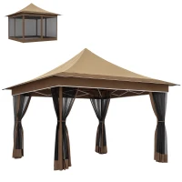 Outsunny Tonnelle de jardin 3,5 x 3,5 m, tente pliante avec 4 moustiquaires, hauteur réglable, sac de transport, beige(m-11)