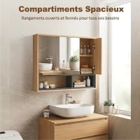 HOMCOM Meuble salle de bain avec miroir, armoire toilettes murale avec placards à 3 portes et 8 compartiments, chêne(m-4)