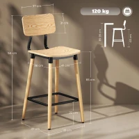 HOMCOM Set van 2 Barstoelen met Rugleuning, Voor Huisbar, Keukeneiland, Eetkamer, Hout, Metaal, Lichtbruin(m-3)