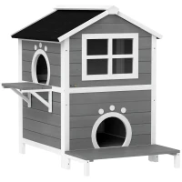 PawHut Buitenkattenhuis met Weerbestendig Dak, Venster, Balkon, Uitneembare Bodem, 2 Niveaus, voor 1-2 Katten, Grijs(m-1)