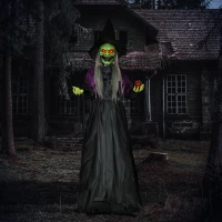 HOMCOM Heks met Giftappel, Halloween Decor, Griezelige Geluiden, Rode Ogen, Beweegbare Armen, 180 cm(m-2)