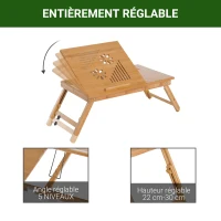 HOMCOM Table de lit plateau pour ordinateur en bois de bambou plateau inclinable pliable réglable en hauteur naturel(m-4)