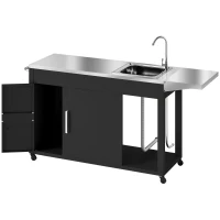 Outsunny Grillwagen Serveerwagen met Werkblad, Uitklapbare Zijplank, Kast, Spoelbak, Wielen, Roestvrij Staal 162,5x47x87cm Zwart(m-1)
