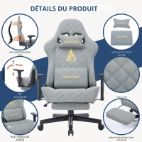 Fauteuil gamer ergonomique, entièrement rembourré, respirant, infroissable et durable, 70x70x131 cm, Gris(m-4)