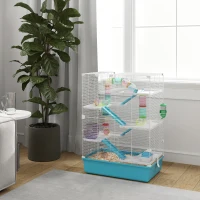 PawHut hamsterkooi 6 verdiepingen, dierenkooi met metalen tralies, buizen, tunnels, huisje, loopwiel, voederbak, waterfles, hellingen, voor dwerghamsters en gerbils, 58 x 36 x 81 cm lichtblauw(m-2)