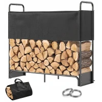 Outsunny Leñero para Interior y Exterior en Acero Galvanizado con Cubierta y Bolsa en Oxford 600D, Capacidad 300 kg, Negro(m-7)