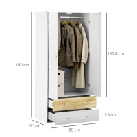 HOMCOM 2-Door Wardrobe with 2 Drawers, Hanging Rod and Anti-tipping Straps for Bedroom Clothes Storage Organisation, White(m-3)