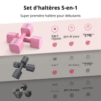 5‑en‑1 ensemble d'haltères réglable (2 pièces), Dual‑Lock, poignée souple en TPU, 29,5x24,5x13 cm, rose(m-3)