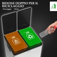 HOMCOM Bidone Immondizia a 2 Sezioni da 20L con Chiusura Silenziosa, in Acciaio Inox e PP, 45.8x36x51.6 cm(m-4)