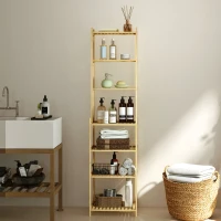 HOMCOM Estante de Casa de Banho de Bambu de 7 Níveis Estante de Arrumação com Desenho de Ripas 44x33x180 cm Madeira(m-7)