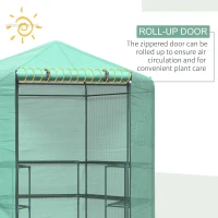 Outsunny Hexagon Walk In Greenhouse with Shelves, Outdoor Green House Grow House with Waterproof PE Cover and Roll-up Door, 228 x 196 x 215 cm, Green(m-6)