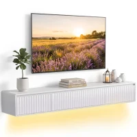 HOMCOM Meuble TV Suspendu Flottant 160 cm avec Éclairage LED et Prises, Meuble Télé pour Téléviseur 72 Pouces, Blanc(m-17)