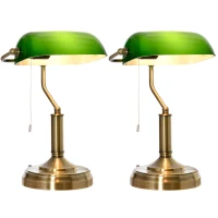 HOMCOM Banker's Table Lamps Set of 2, Desk Lamps with Antique Bronze Tone Base, Green Glass Shade and Pull Rope Switch for Home Office, Living Room, Bedroom, Dining Room, Green(m-10)