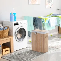 HOMCOM Panier à linge corbeille à linge bac à linge bambou pliable couvercle sac amovible 3 poignées PU 40L x 30l x 60H cm beige(m-9)