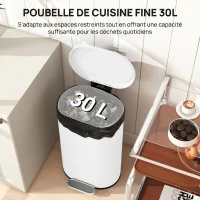 HOMCOM Poubelle cuisine 30L, poubelle à pédale, seau intérieur amovible, couvercle à fermeture douce, 36,5x31x61cm, blanc(m-4)