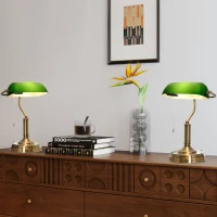 HOMCOM Banker's Table Lamps Set of 2, Desk Lamps with Antique Bronze Tone Base, Green Glass Shade and Pull Rope Switch for Home Office, Living Room, Bedroom, Dining Room, Green(m-9)