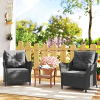 Outsunny Rattan Garden Chairs Set of 2, Outdoor Rattan Chairs with Cushions, Armrests and High Back, PE Wicker Garden Armchair with Steel Frame for Balcony, Porch, Dark Grey(m-10)