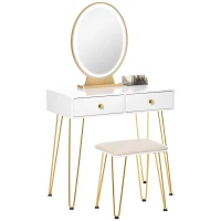 HOMCOM Dressing Table with LED Mirror and Cushioned Stool, Vanity Desk with Acrylic Lipstick Holder and 2 Drawers, Makeup Table for Bedroom, White(m-1)