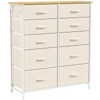 HOMCOM Chest of Drawers, Dresser with 10 Fabric Drawers, Tall Storage Unit with 4 Pockets and 2 Hooks Steel Frame, Beige(m-1)