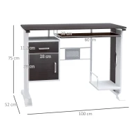 HOMCOM Bureau d'ordinateur, 100 x 52 x 75 cm, bureau avec tablette coulissante pour clavier, tiroirs et support d'unité centrale, table informatique pour étudier noyer foncé et blanc(m-3)