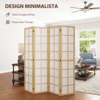 HOMCOM Paravento da Interno a 4 Pannelli Pieghevole in Legno e Tessuto, 160x170 cm, Colore Legno e Bianco(m-4)