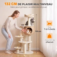 PawHut Arbre à Chat Tour pour Chat en Rotin Design 4 Niveaux avec Niche Quenouille Panier Jute et Coussin 132cm Beige(m-4)