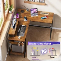 2‑en‑1 Bureau gaming d'angle, transformable entre une forme L peu encombrante et une longue forme I, 140x50x87,5 cm, Marron(m-8)