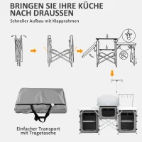 Outsunny Campingkeuken, inklapbaar, Windscherm, 3 Stoffen opbergvakken, Aluminiumframe, 172x48x119cm, Grijs/Zilver(m-6)