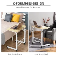 HOMCOM bijzettafel in hoogte verstelbare salontafel verrijdbaar bureau met wielen parkeerremmen C-vormige tafel spaanplaat staal ijzer kunststof wit esdoorn 60 x 40 x 68-78 cm(m-4)