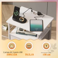 Table de chevet avec fonction de charge, grand espace de rangement, convient pour chambre à coucher, salon et bureau, 39,8x29,8x64,2 cm, Blanc(m-6)